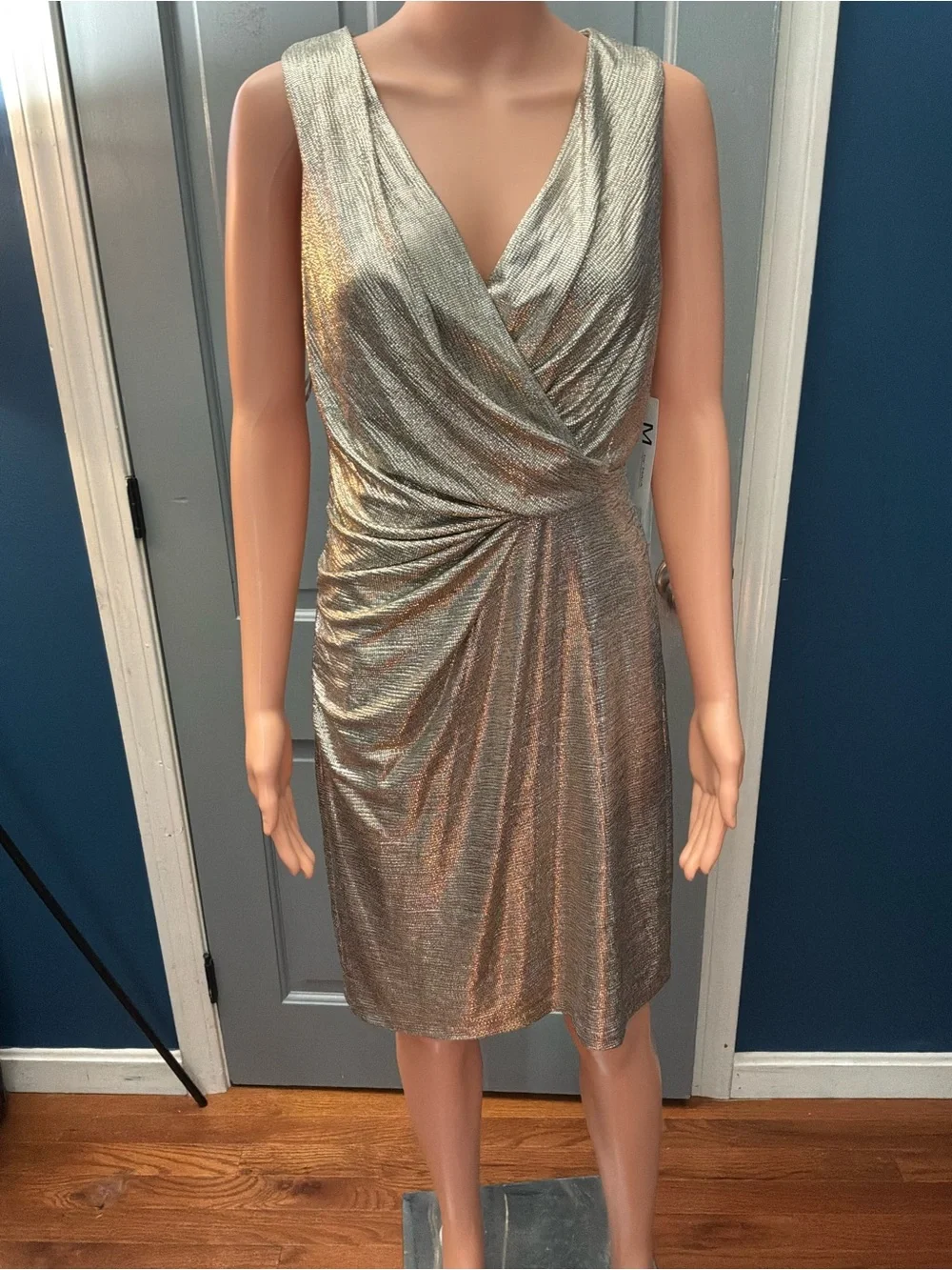 Shimmery Gold Wrap-Front Mini Dress